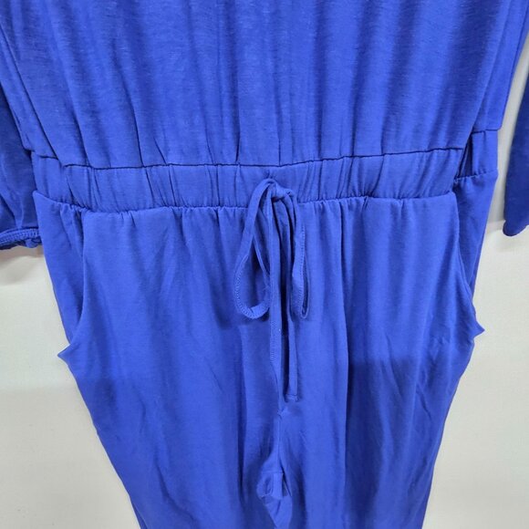 Zenana Womens XL Jumpsuit Blue Long Sleeve Button-Front Drawstring Waist Pockets - Picture 2 of 11